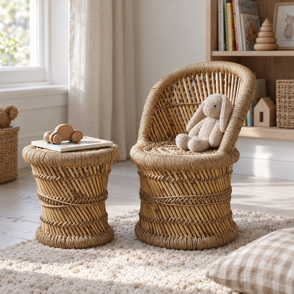 Children's cane and jute chair and stool set in a playroom