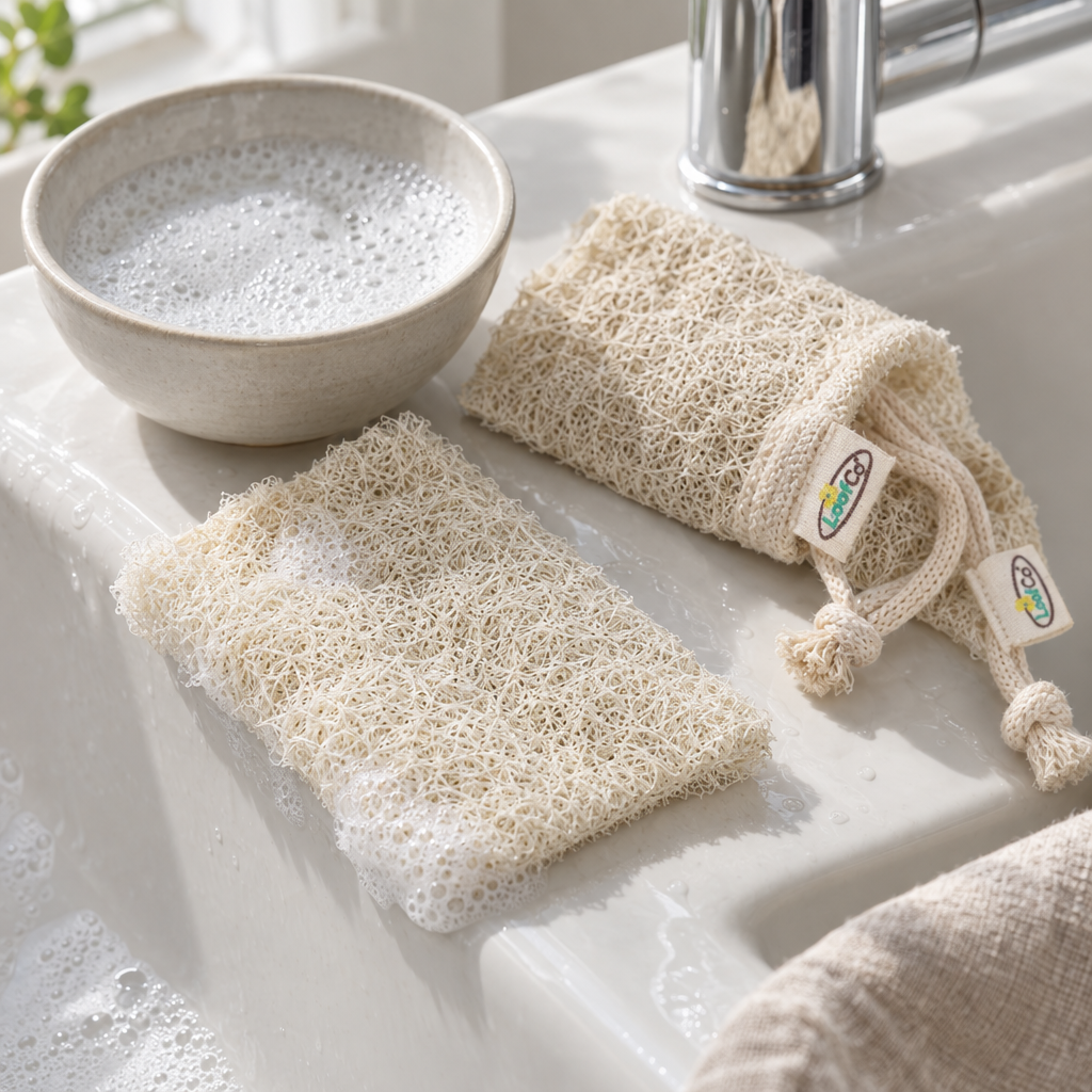 LoofCo mini loofah washing-up pads beside a sink