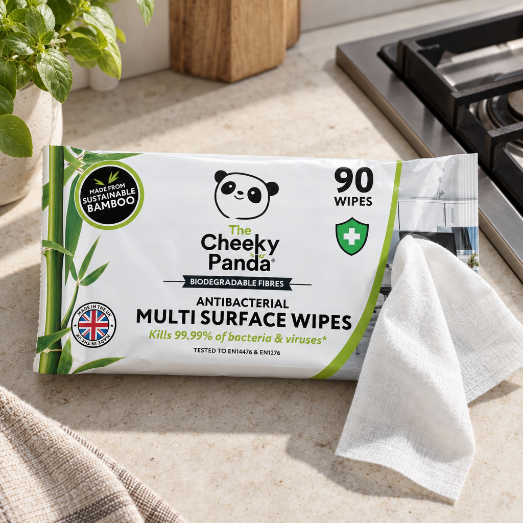 The Cheeky Panda antibacterial multi surface wipes 90 pack on a kitchen worktop