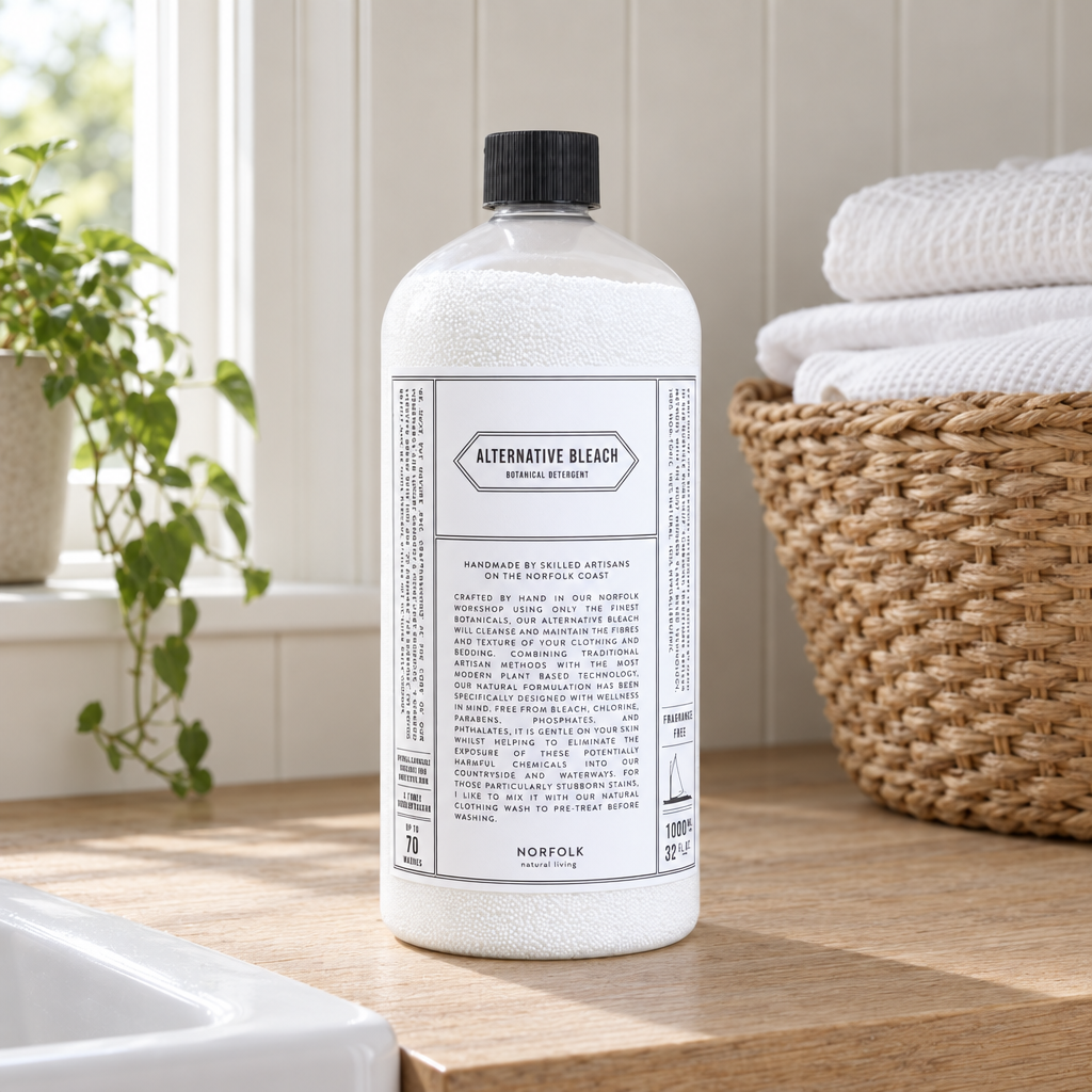 Norfolk Natural Living Alternative Bleach botanical detergent on a utility worktop