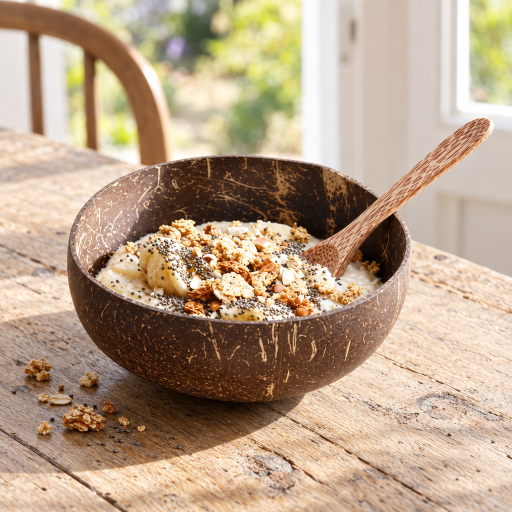 Polished coconut shell bowl of yoghurt and granola with a wooden spoon on an oak breakfast table