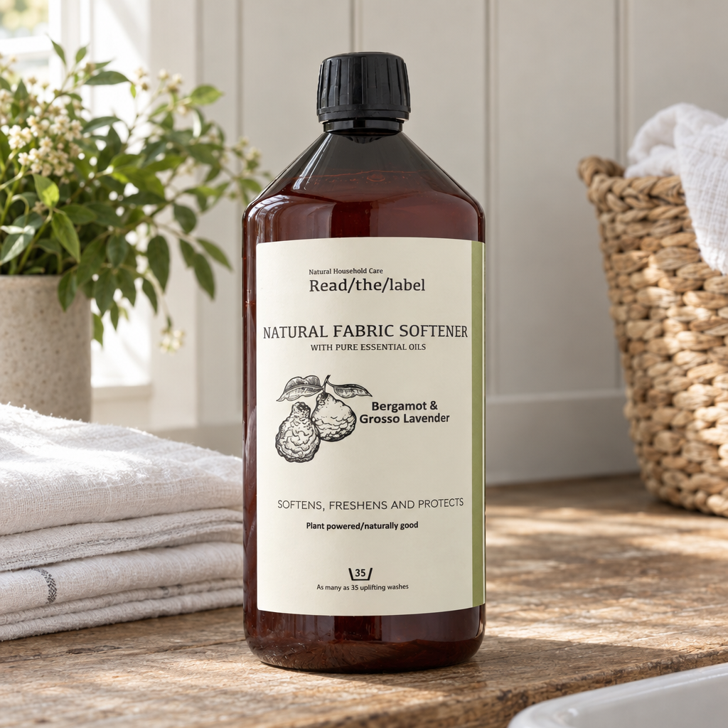Read/the/label Natural Fabric Softener bergamot and lavender on a utility worktop