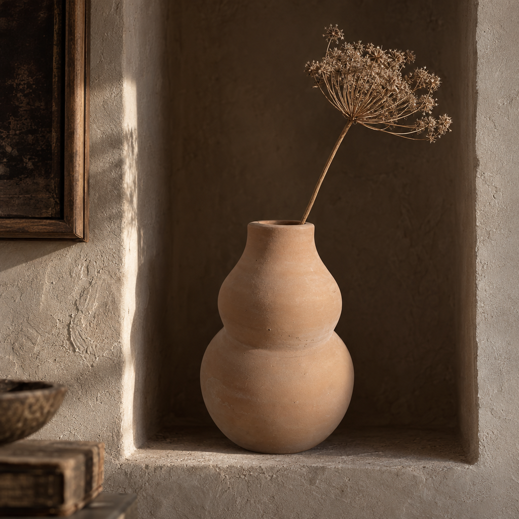 Gaia double-gourd terracotta vase with a dried seed head in a plaster niche