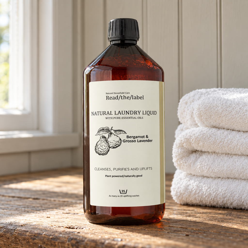 Read/the/label Natural Laundry Liquid Bergamot and Grosso Lavender 1L on a utility room worktop with folded towels