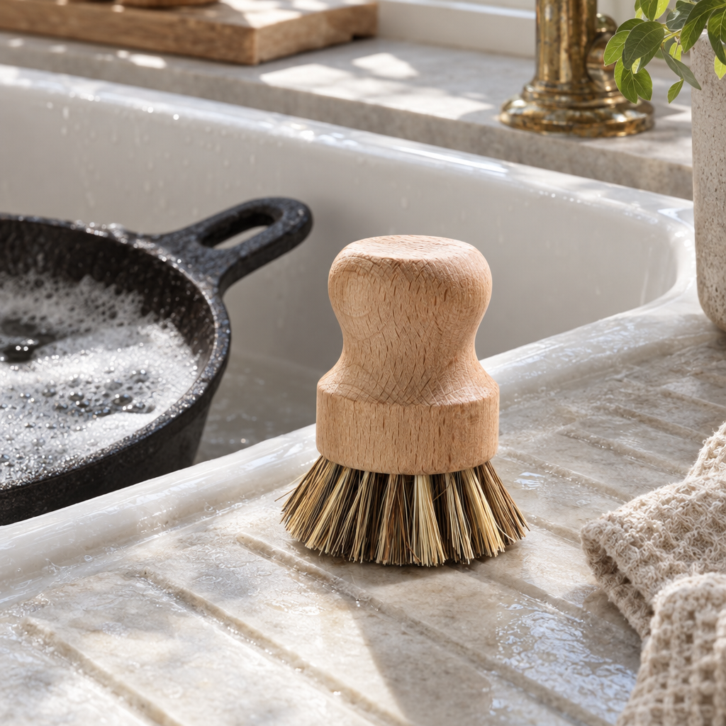 Natural fibre pot brush with beech handle beside a sink