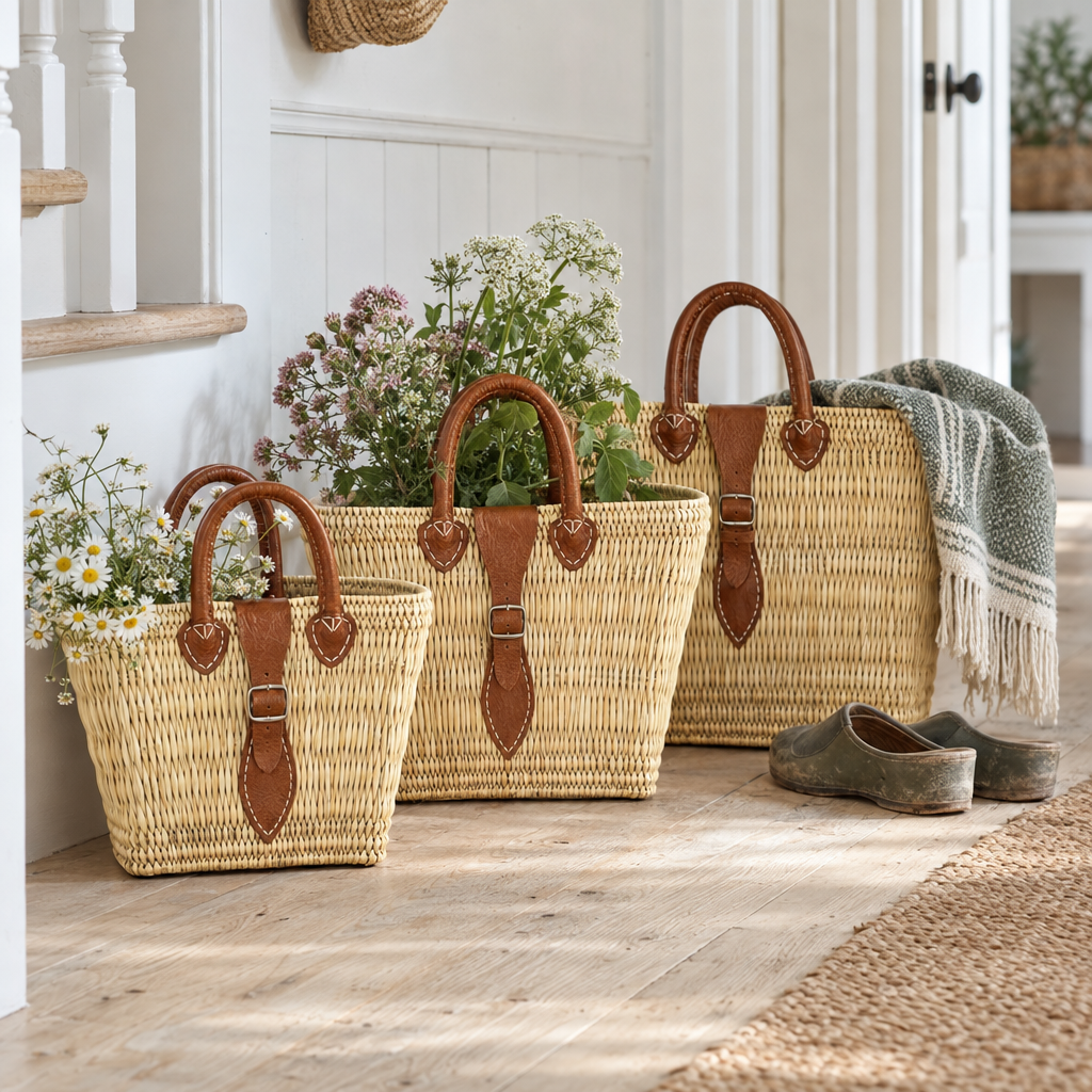Set of three Moroccan reed baskets with leather handles in a hallway