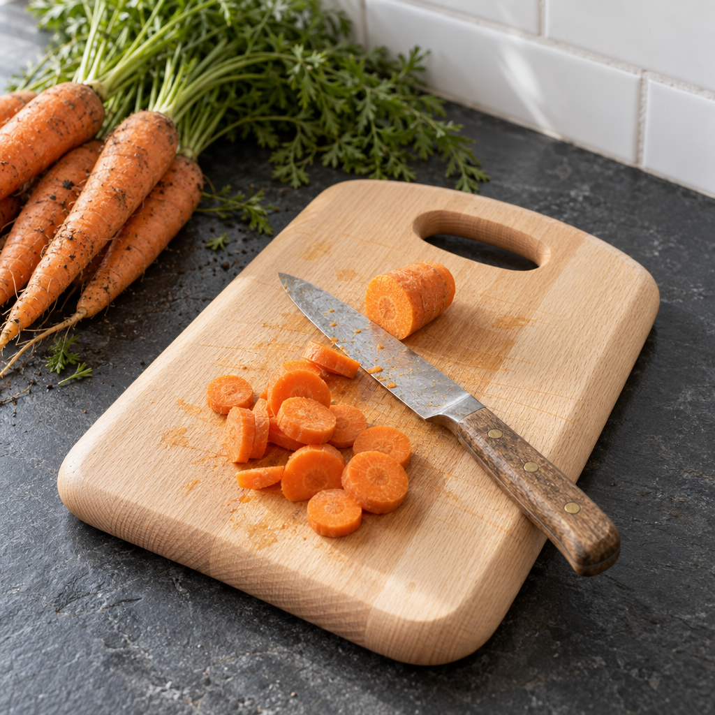 Beech wood chopping board with handle and sliced garden carrots on a slate worktop