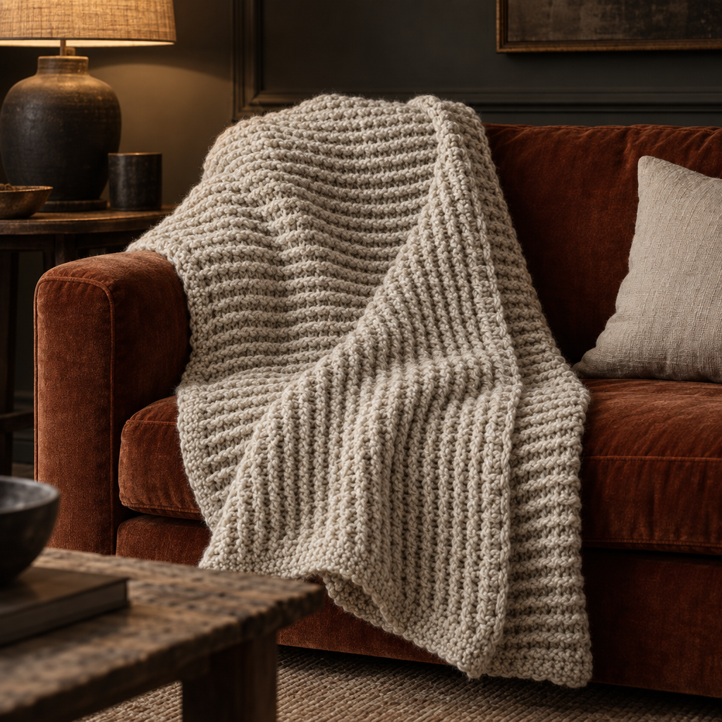 Oat chunky knit throw over a rust velvet sofa
