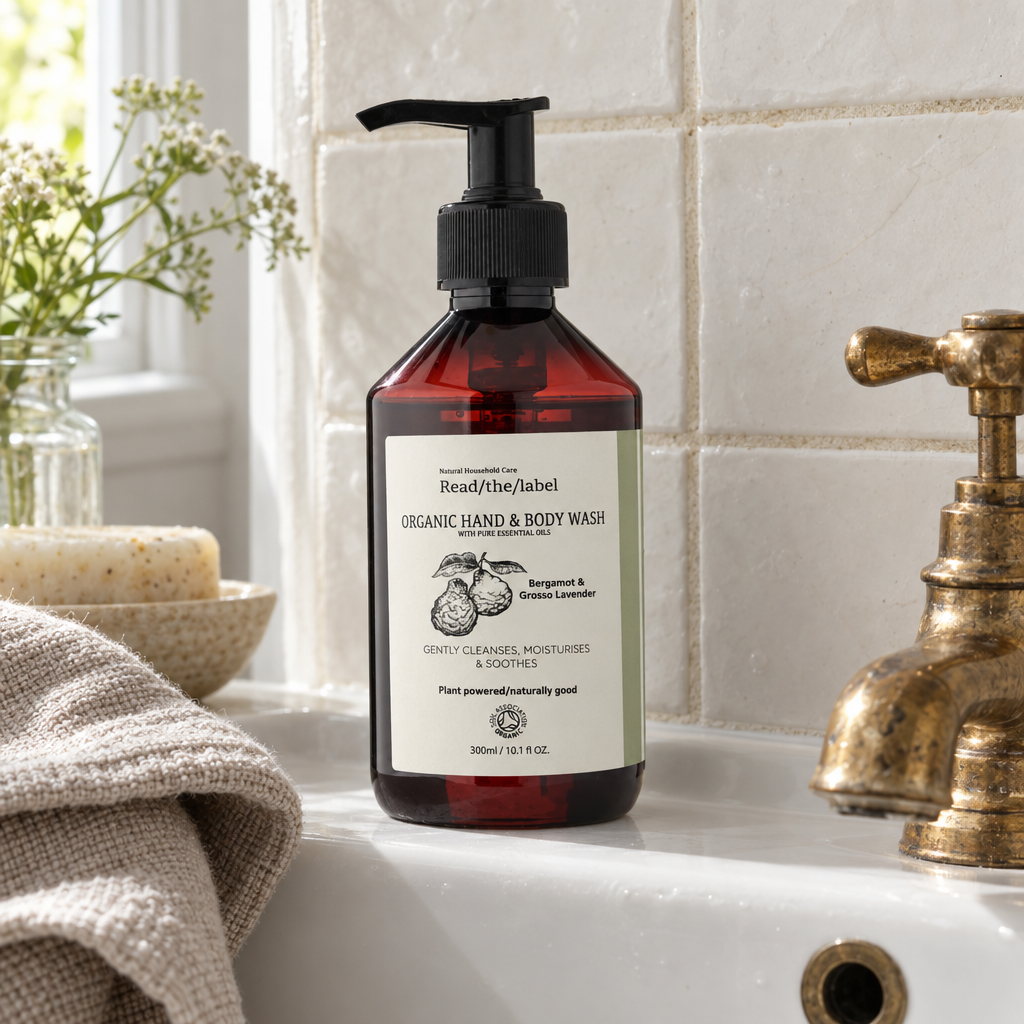 Read/the/label Organic Hand and Body Wash on a bathroom basin