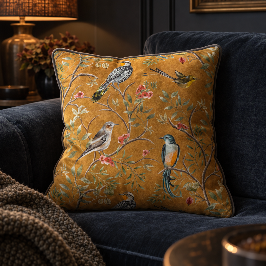Orient Chinoiserie gold velvet bird cushion on a dark sofa