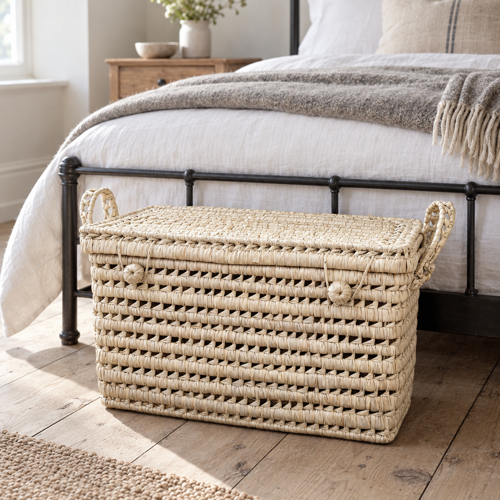 Palm leaf wicker storage chest at the foot of a bed