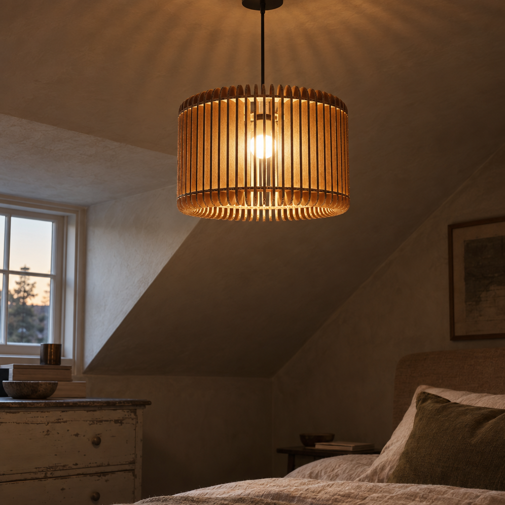 Slatted recycled cardboard drum pendant shade lit in an attic bedroom