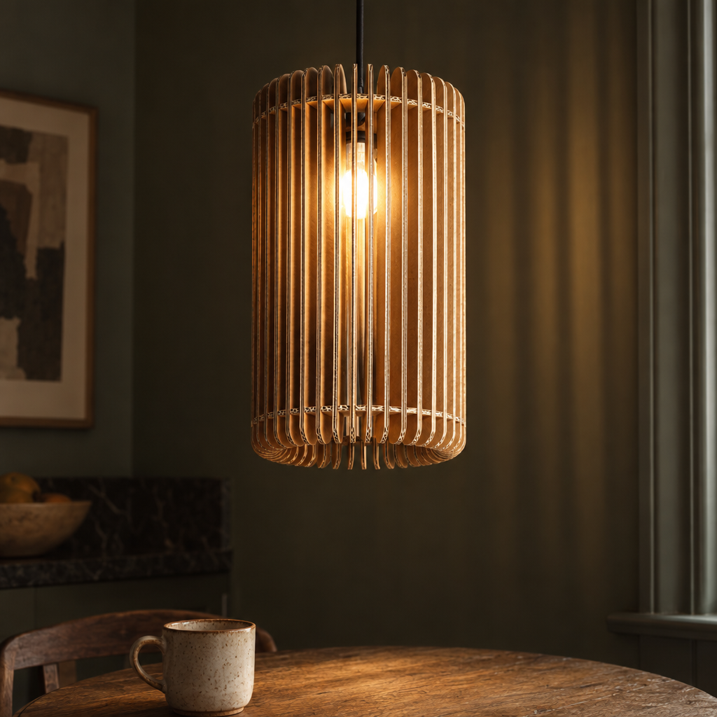 Slatted cardboard cylinder pendant lit above a kitchen table