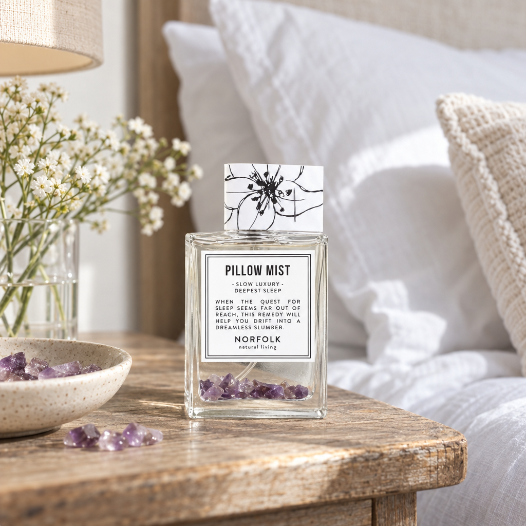 Norfolk Natural Living Deepest Sleep pillow mist with amethyst on a bedside table