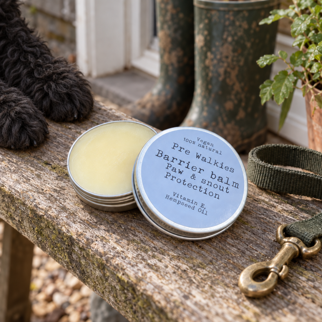 Pre Walk Paw Protection Balm with a black curly cavapoo dog