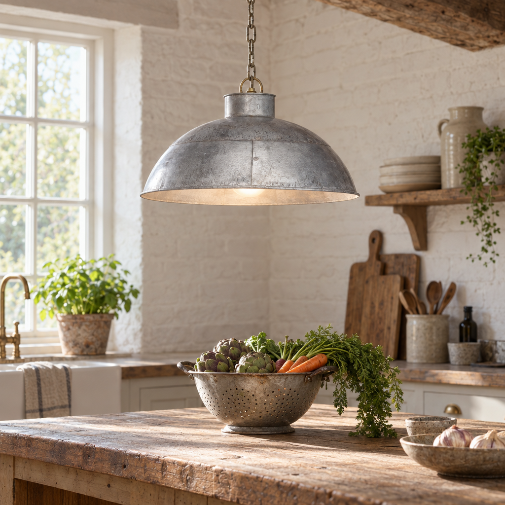 Reclaimed galvanised metal pendant shade above a farmhouse kitchen island