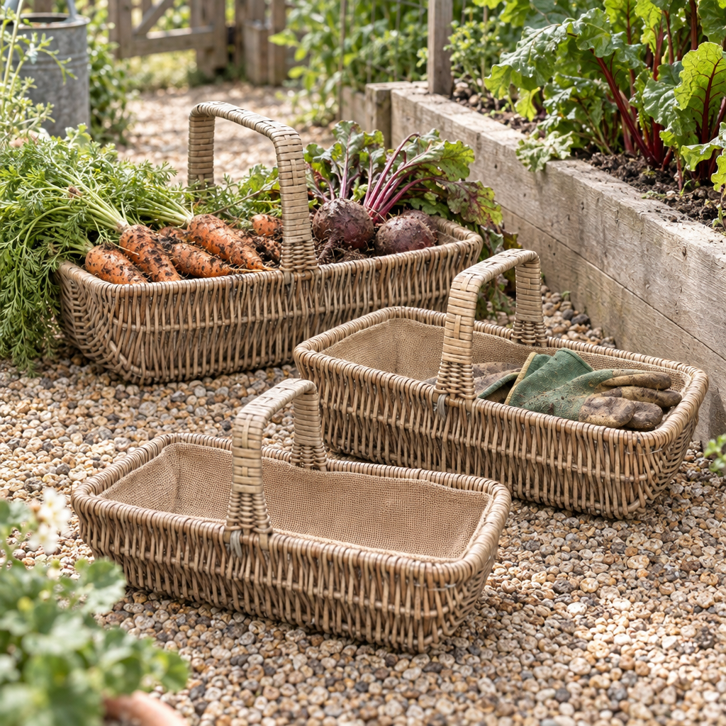 Three hessian-lined wicker garden trugs with harvested carrots and beetroot on a kitchen garden path