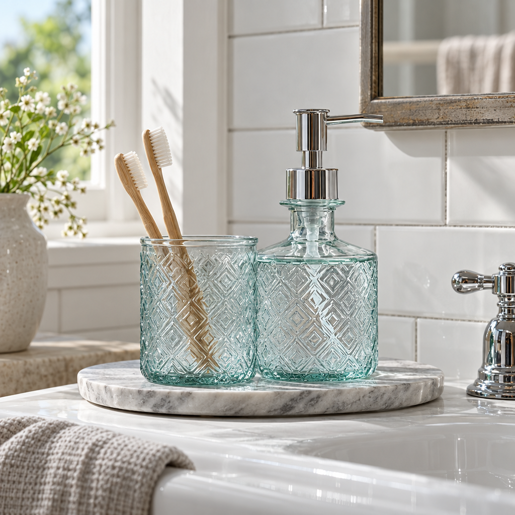 Clear recycled glass soap dispenser and tumbler set on a marble tray
