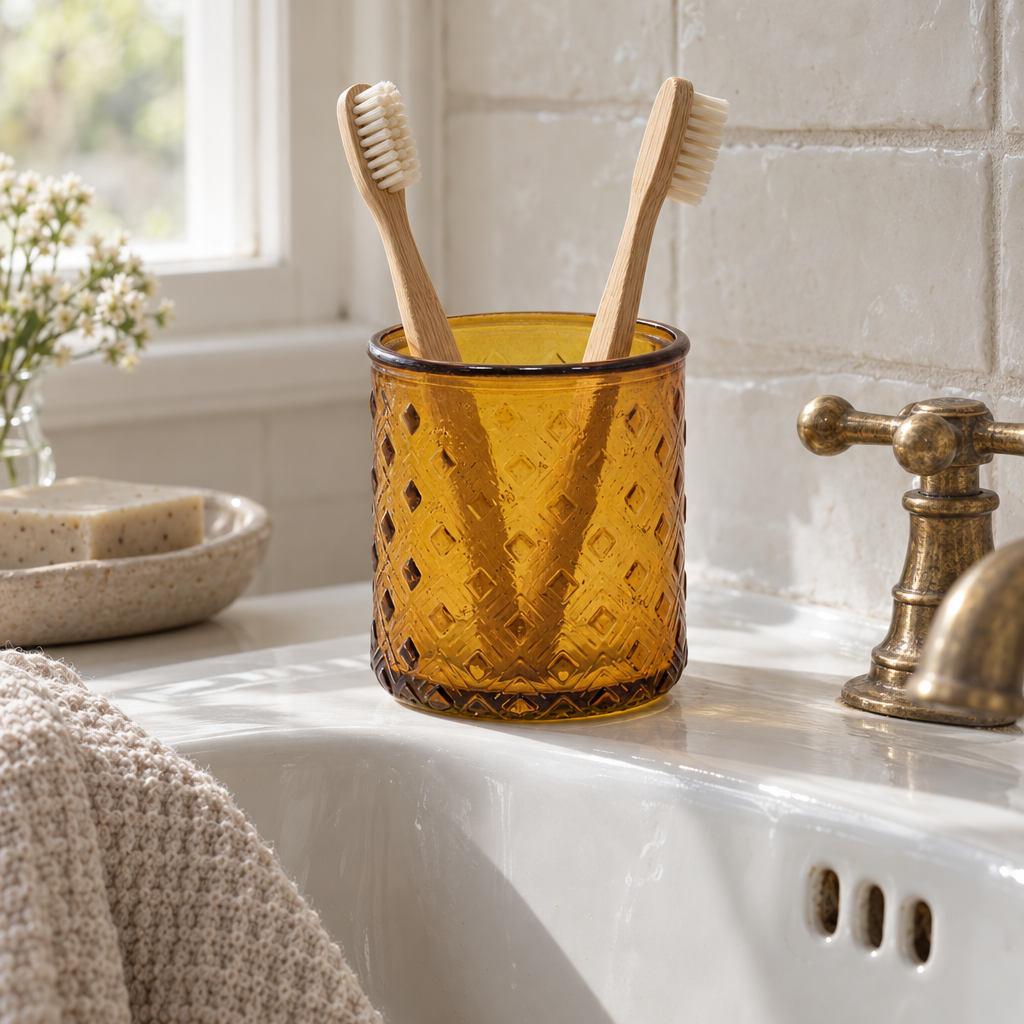 Amber recycled glass bathroom tumbler with bamboo toothbrushes on a basin