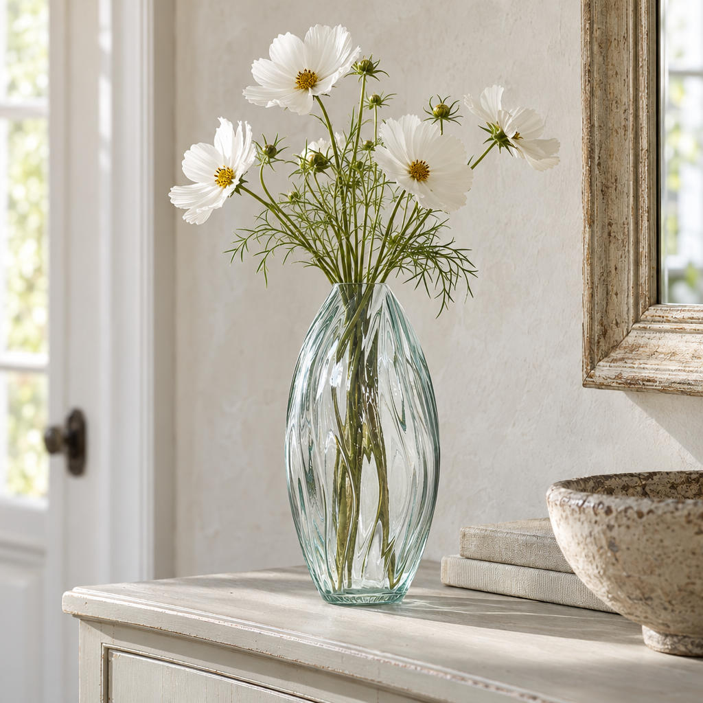 Clear recycled glass spiral vase with white cosmos on a hall sideboard