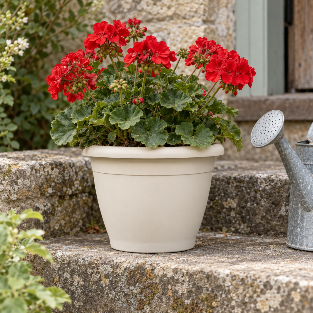 Cream Naxos recycled planter with red geraniums on stone steps