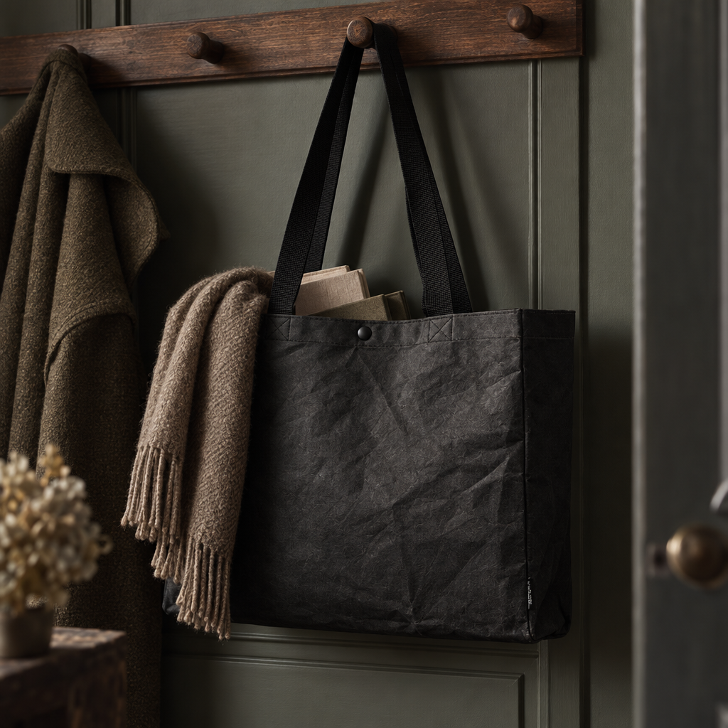Black Rei washable paper slouch tote hanging on a hallway hook