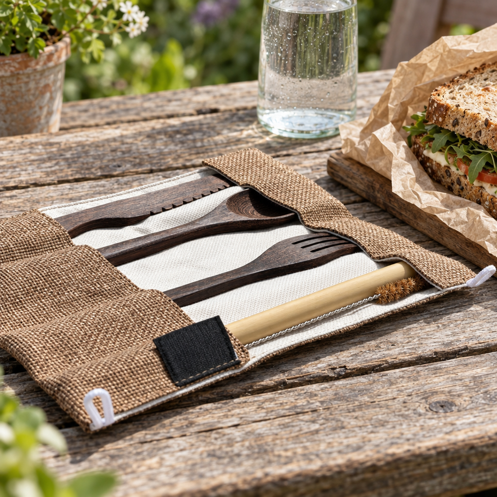 Jungle Culture bamboo cutlery kit in a hessian roll on a picnic table