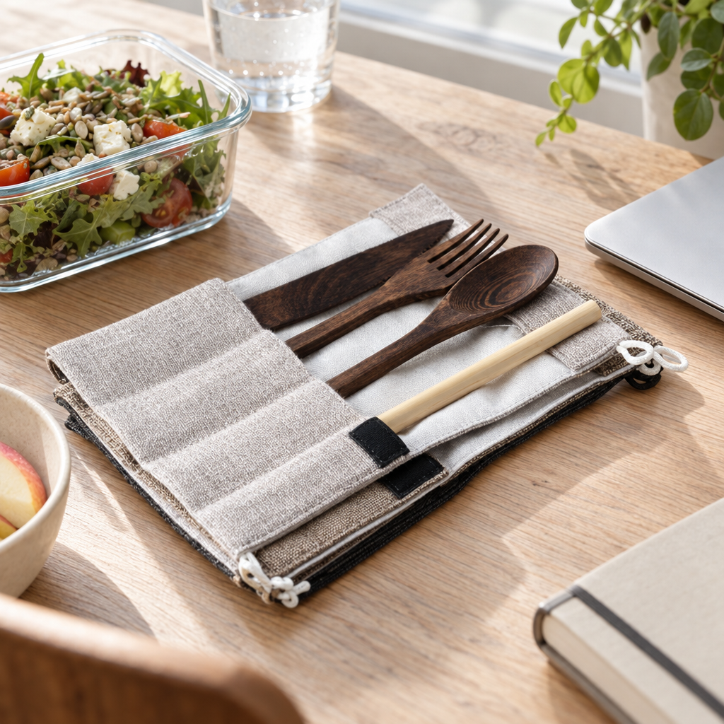Reusable wooden cutlery kit in a linen roll on a desk