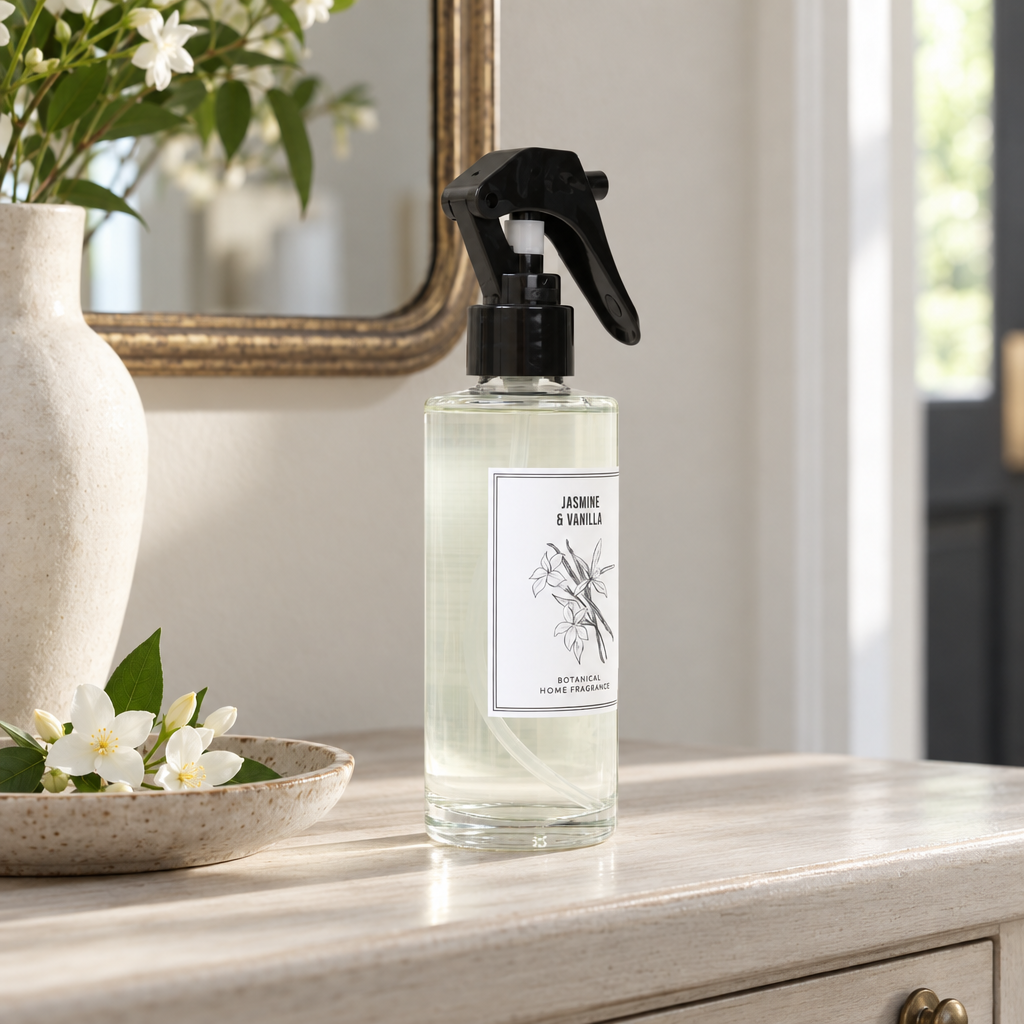 Norfolk Natural Living Jasmine and Vanilla room mist on a hall console