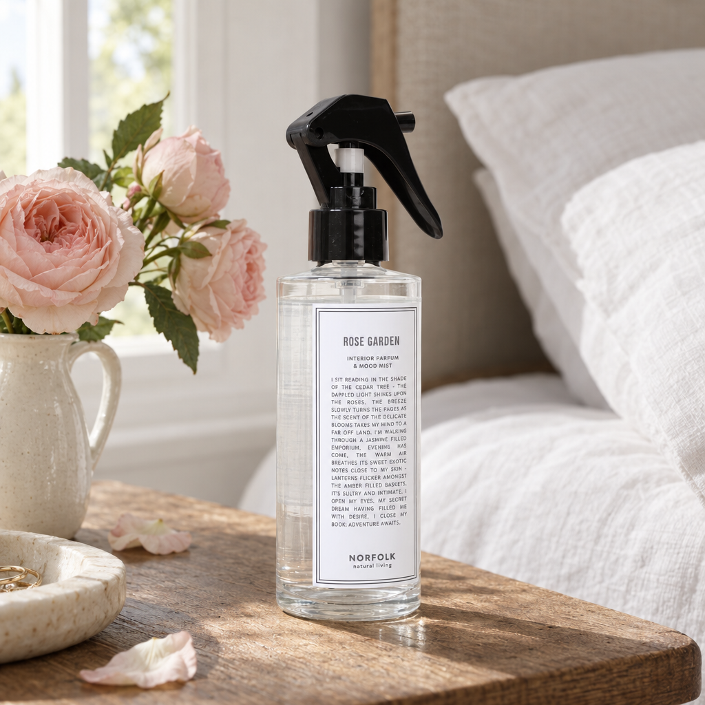 Norfolk Natural Living Rose Garden interior parfum and mood mist on a bedside table