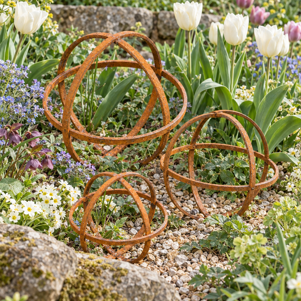 Trio of rusted metal garden spheres in a spring border