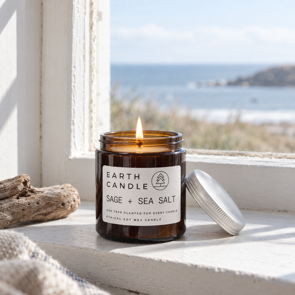 Earth Candle Sage and Sea Salt soy candle lit on a coastal windowsill