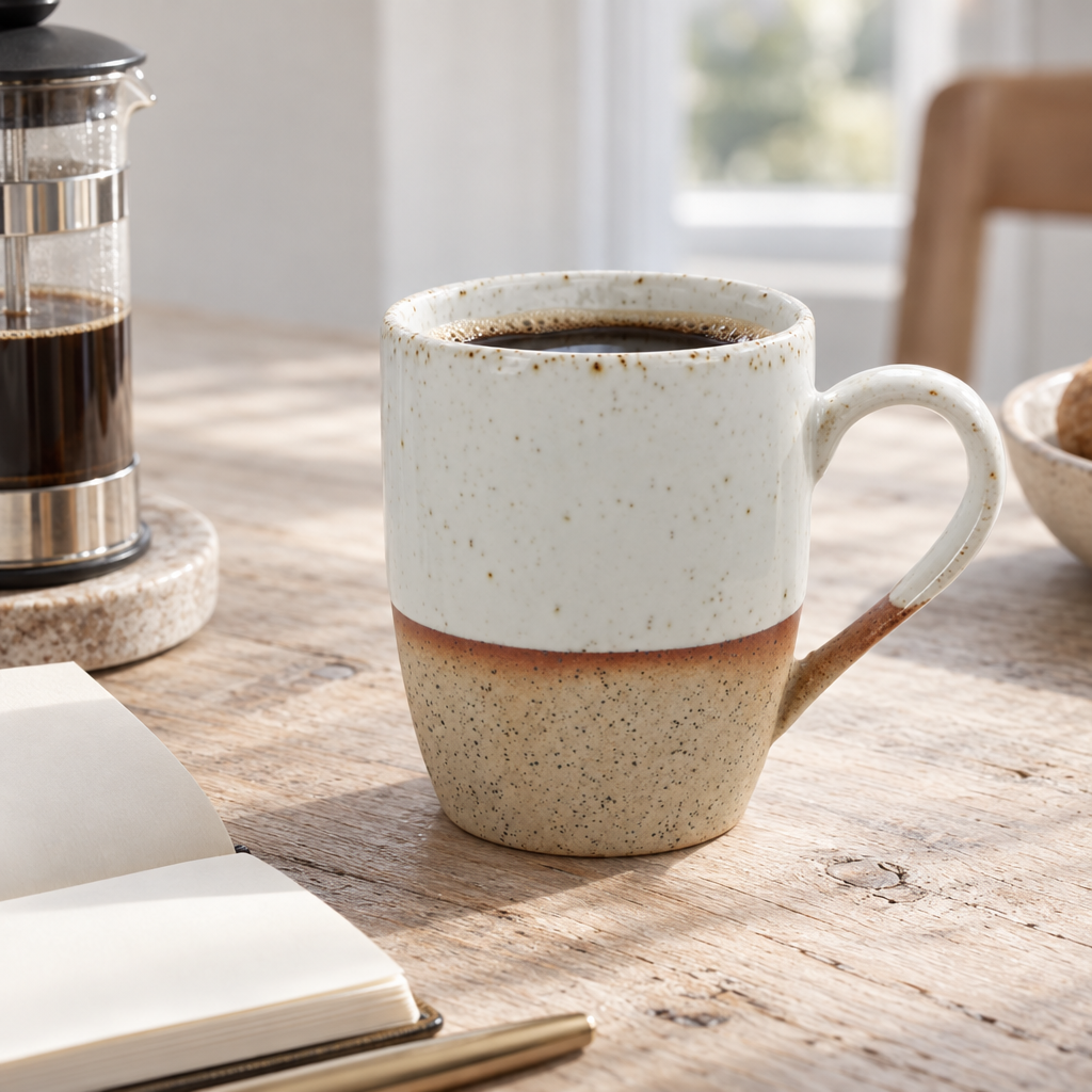 Sandy speckled stoneware coffee mug of black coffee on a pine kitchen table