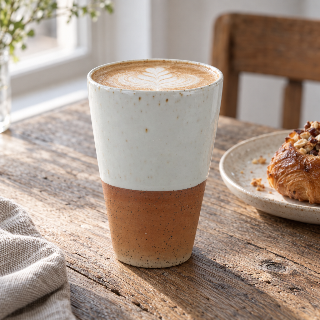 Sandy stoneware tumbler mug of flat white coffee on an oak table
