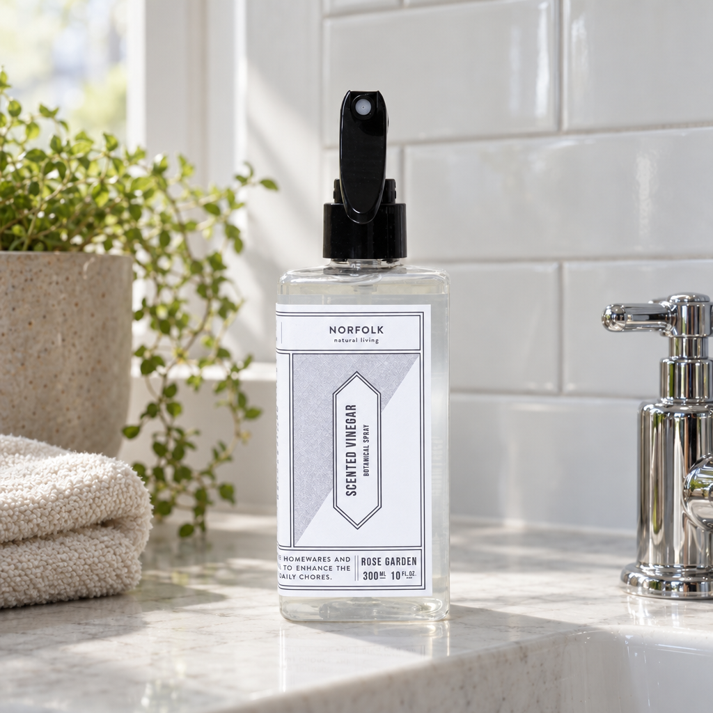 Norfolk Natural Living Scented Vinegar Rose Garden in a bright bathroom