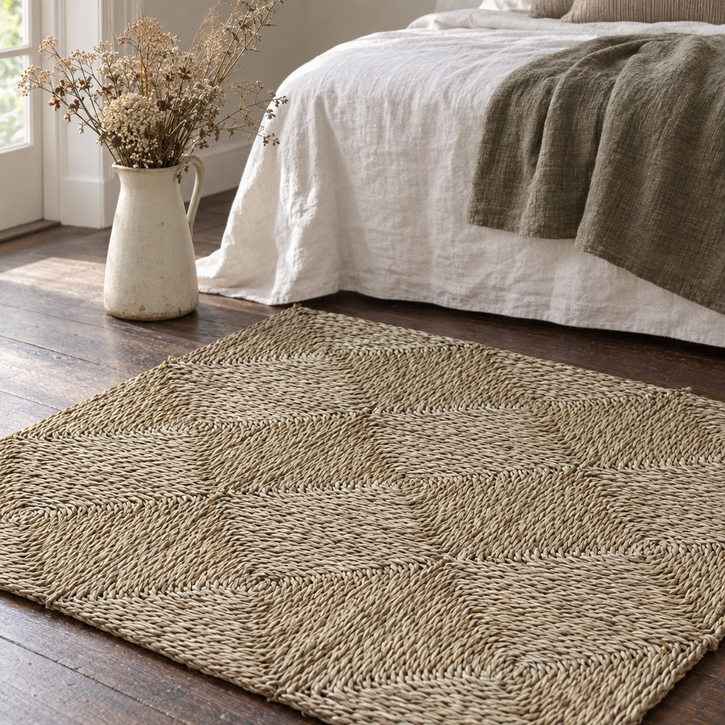 Seagrass braided rug in a bedroom