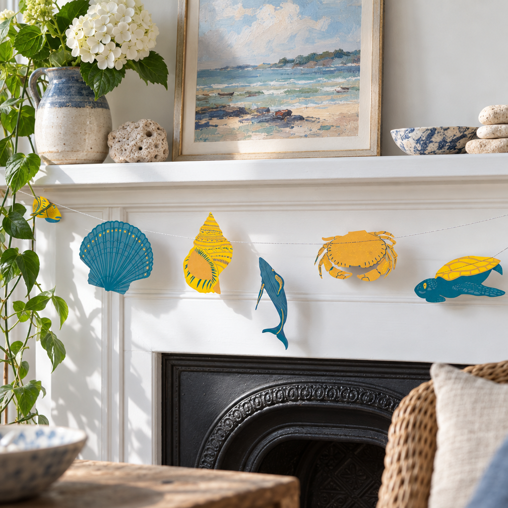 East End Press sealife sewn paper garland strung along a white mantelpiece
