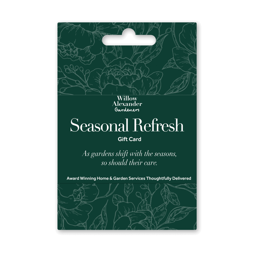 Seasonal Refresh Gift Card|Willow Alexander gardeners maintaining a lush, green lawn with a lawn mower||||