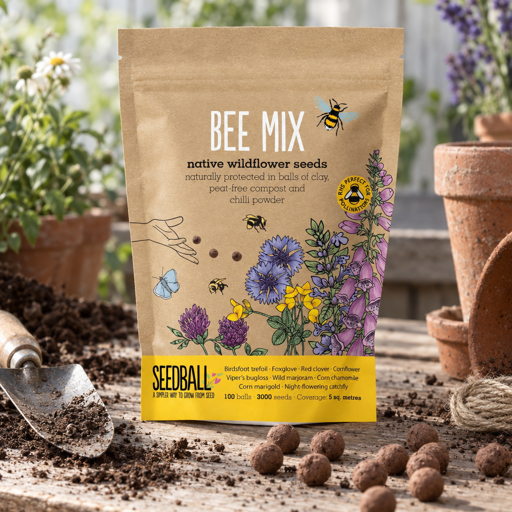 Seedball Bee Mix wildflower seed ball pouch on a potting bench