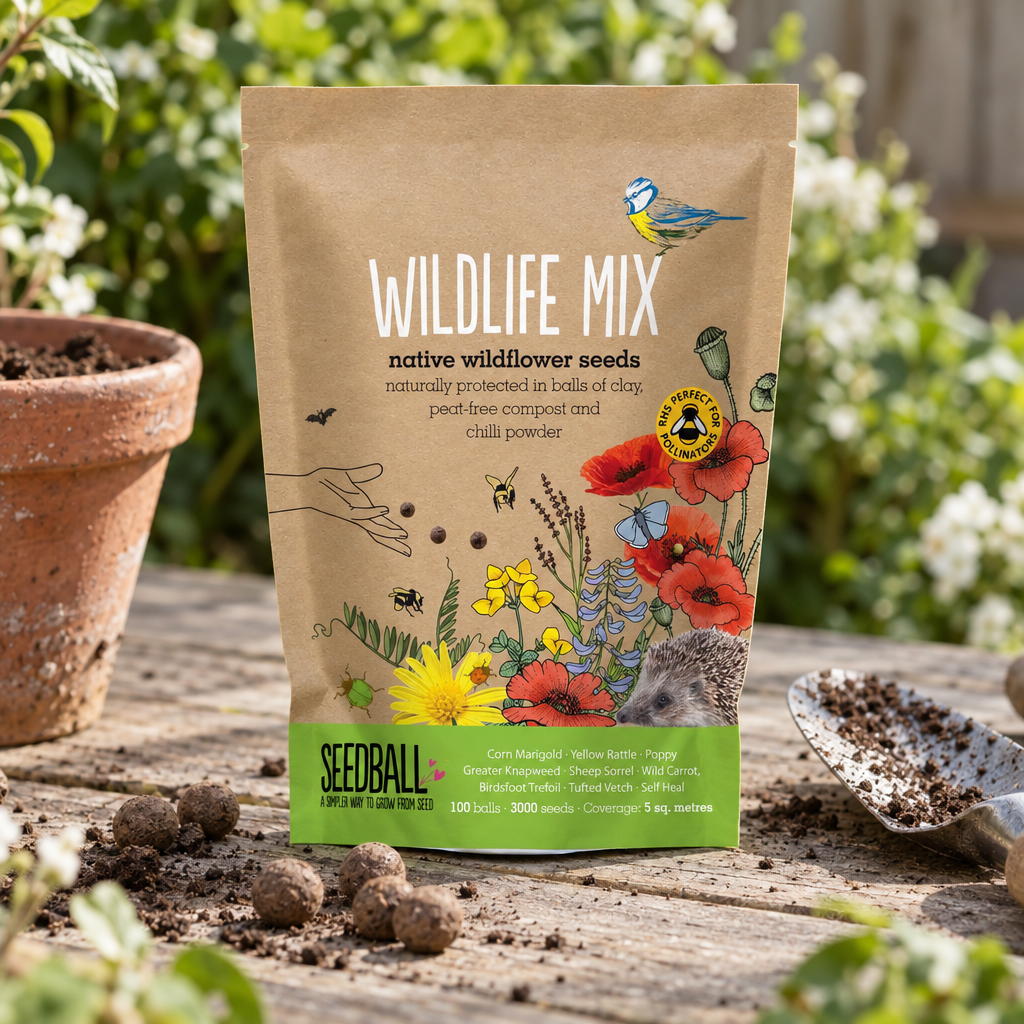 Seedball Wildlife Mix wildflower seed ball pouch on a garden table