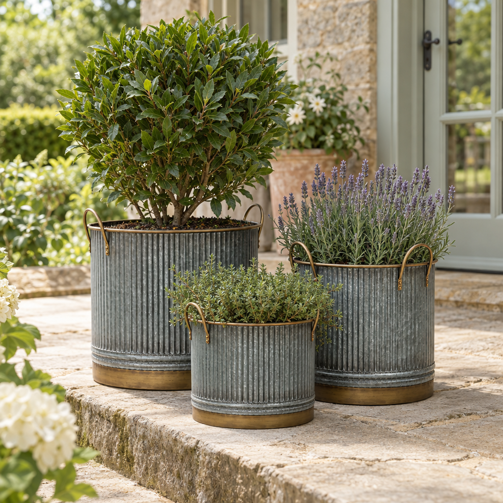 Set of three galvanised planters with brass trim planted on a stone terrace