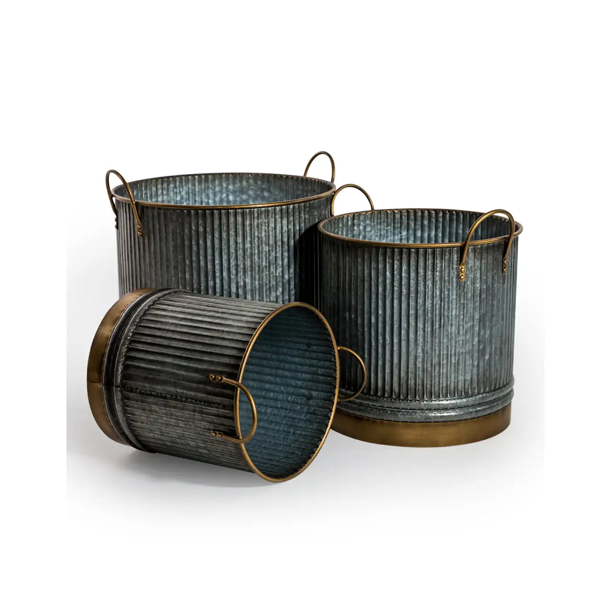 Set of 3 Galvanised with Brass Details Planters