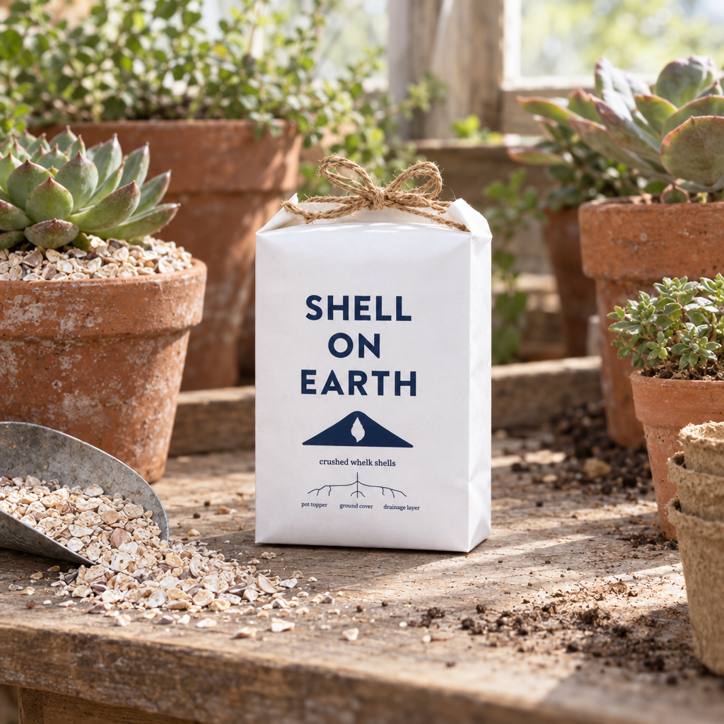 Shell On Earth crushed whelk shells bag on a potting bench with succulents