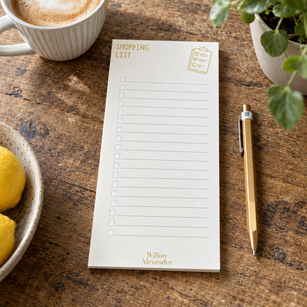 Willow Alexander recycled paper shopping list notepad on an oak table