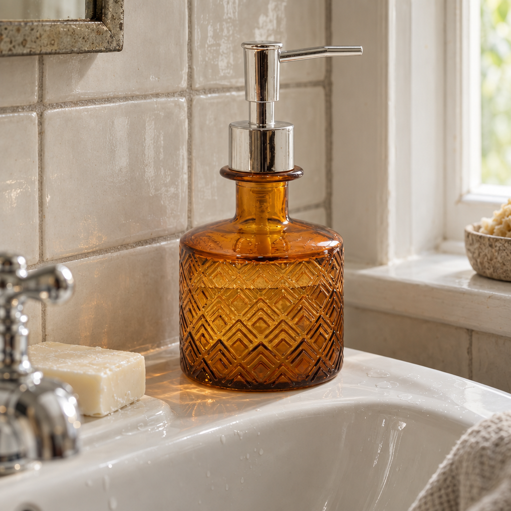 Amber recycled glass soap dispenser with chrome pump on a bathroom basin
