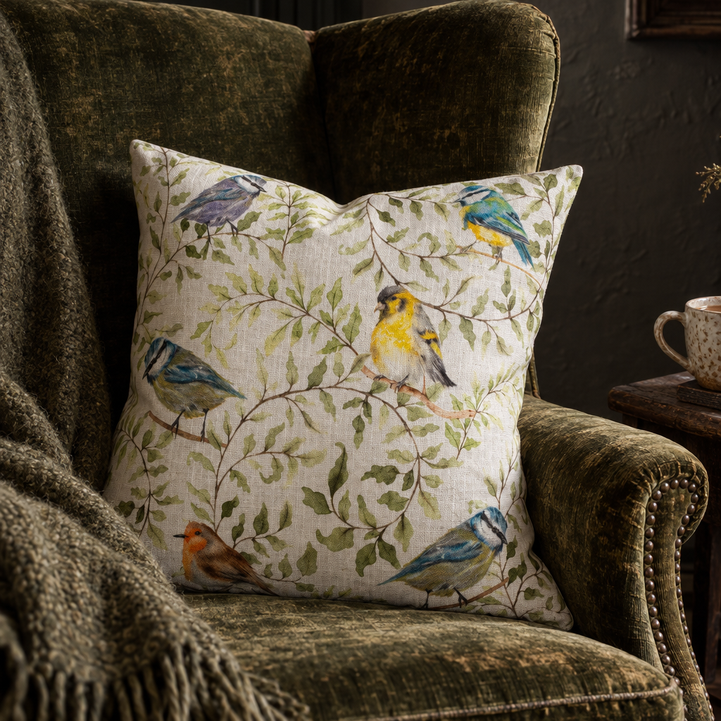 Shugborough Birds printed cushion with painted robin, blue tits and siskin in a green velvet armchair