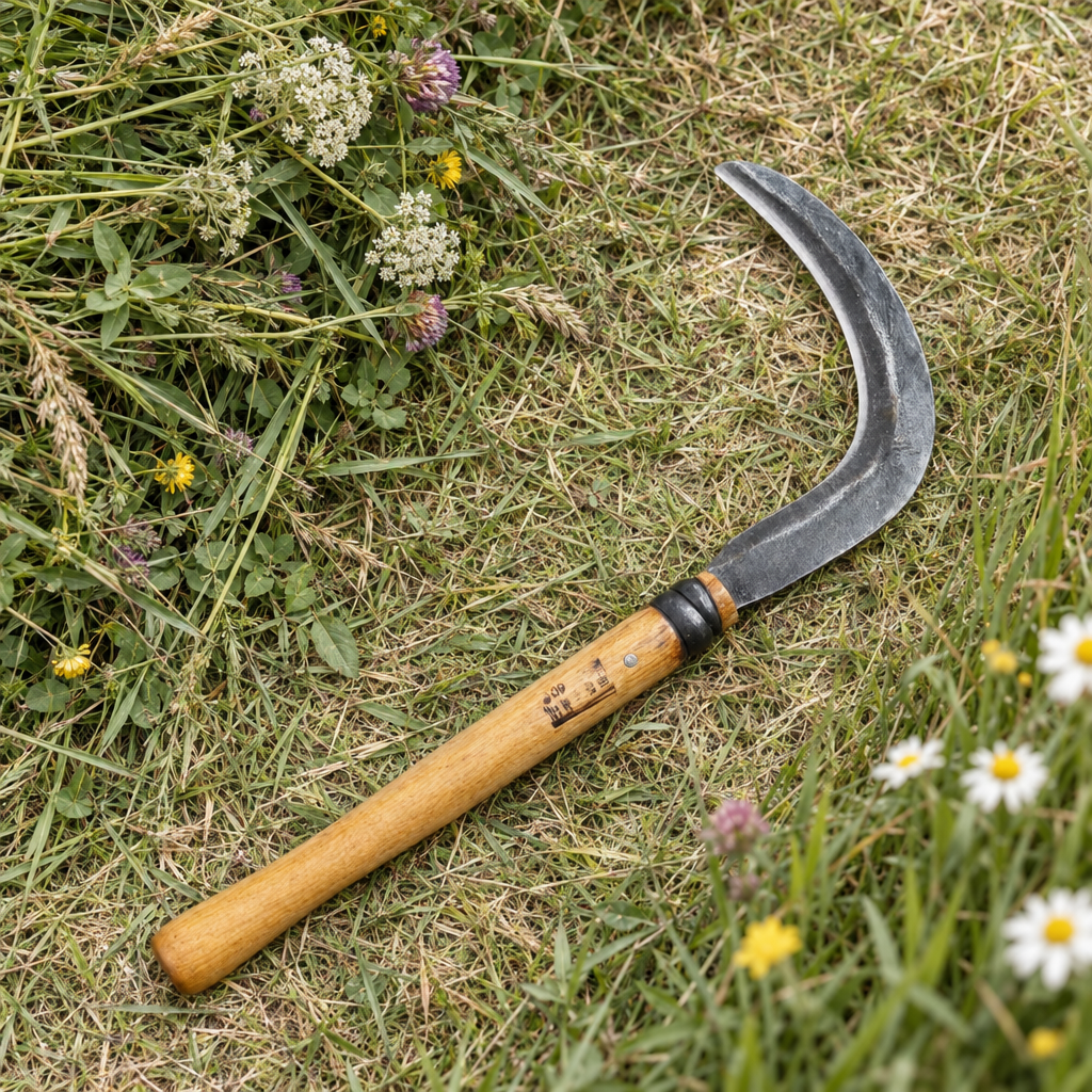 Short-handled forged sickle lying on a mown meadow path