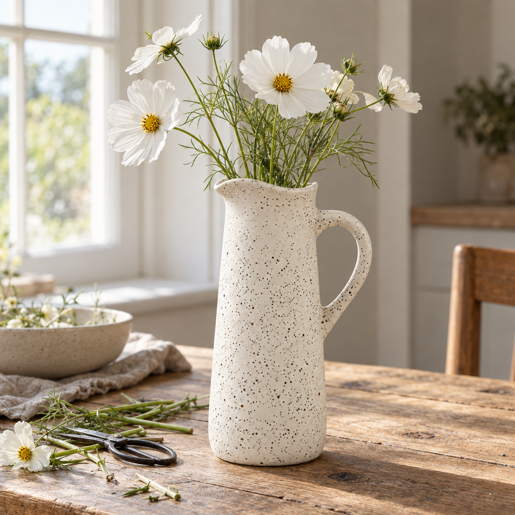 Tall speckled ceramic jug vase with white cosmos on a pine table