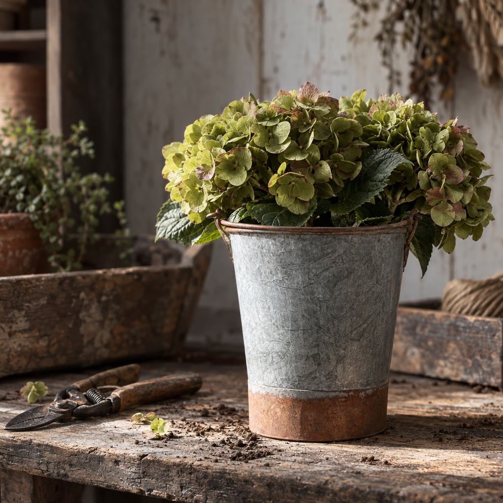 Small vintage galvanised bucket planted with hydrangea on a shed table