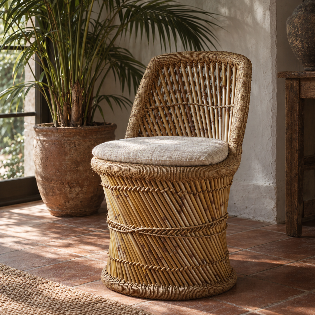 Square back cane and jute chair in a garden room